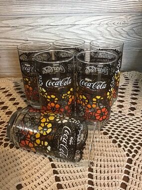 Vtg Coca-Cola Black Lace Glasses with Yellow and Orange Floral Accents 1970’s